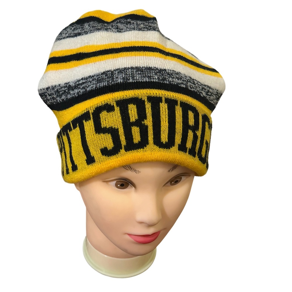 NWT New York Headwear Pittsburgh Knit Beanie Yellow Black Striped Pom Pom‎ Hat